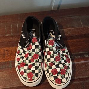 Vans Black and White Checkered Slip-Ons with Red Roses